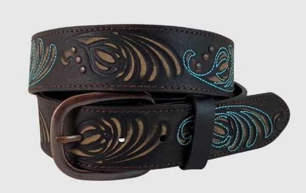 *COWGIRLS ROCK® BUFFALO LEATHER FLORAL TOOLED TURQUOISE STITCHED BELT