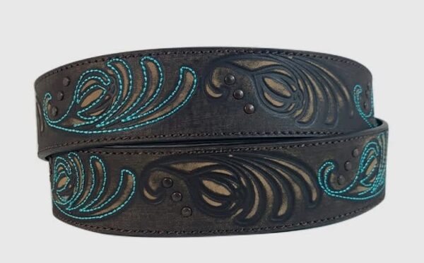 *COWGIRLS ROCK® BUFFALO LEATHER FLORAL TOOLED TURQUOISE STITCHED BELT - Image 2